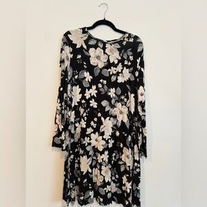 Old Navy Black and Cream Floral Long Sleeve Dress
